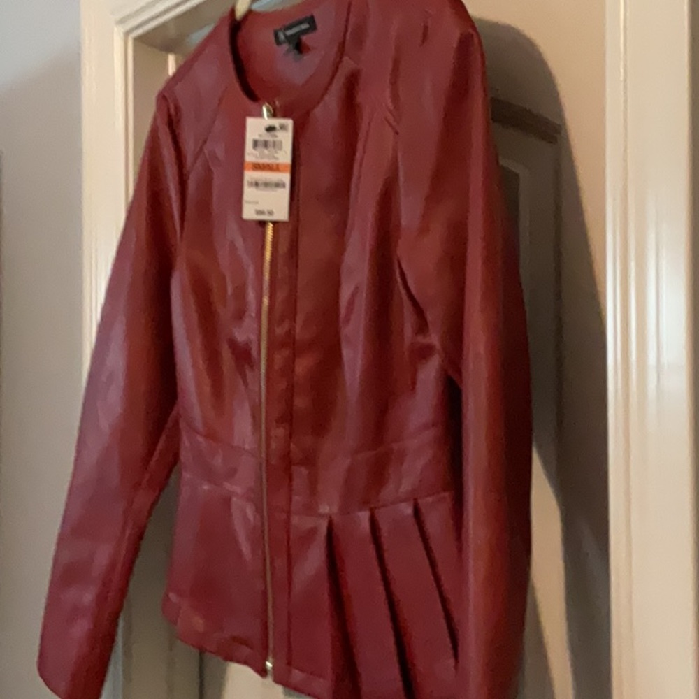 INC International Concepts faux Red Leather Jacket Peplum Style - Picture 5 of 10